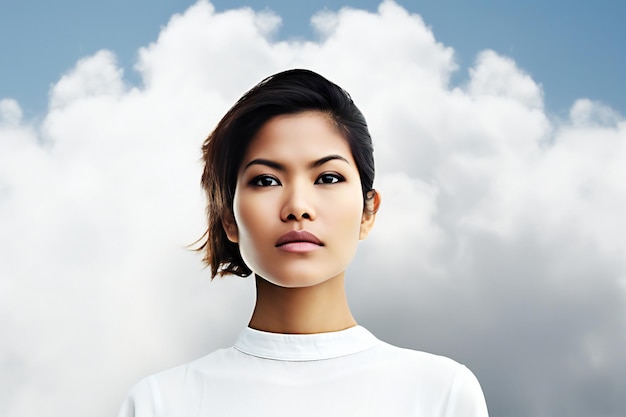 Una donna con una camicia bianca con sopra la parola nuvola