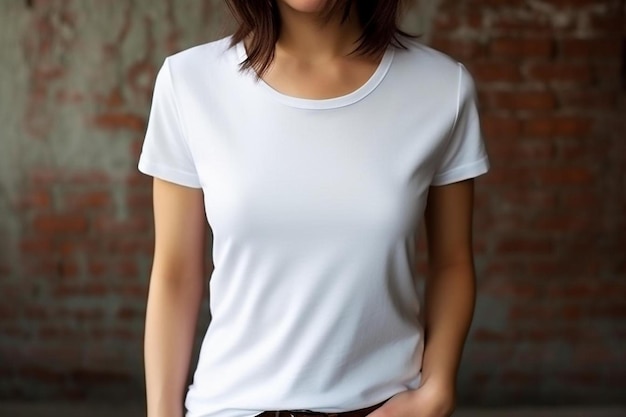 una donna con una camicia bianca con una camicia bianca sul davanti.