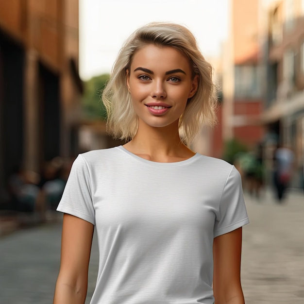 Una donna con una camicia bianca è in piedi in una strada.