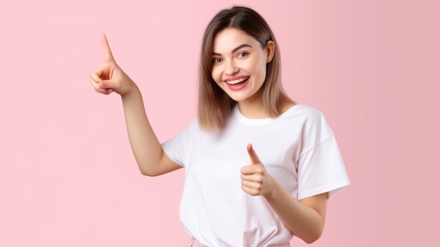 Una donna con una camicia bianca e pantaloni rosa punta verso l'alto e indica verso l'alto con il dito indice.