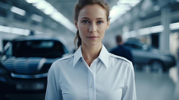 Una donna con una camicia bianca in piedi in un garage
