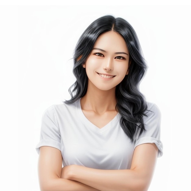 una donna con una camicia bianca posa per una foto con le braccia incrociate e le braccia incrociate sopra di lei