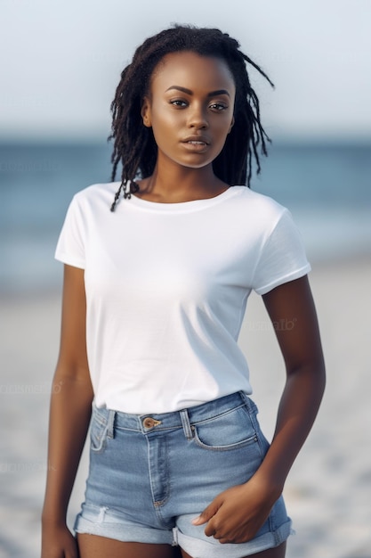 Una donna con una camicia bianca si trova sulla spiaggia indossando una maglietta bianca e jeans.