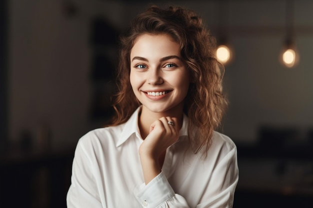 Una donna con una camicia bianca sorride alla telecamera.