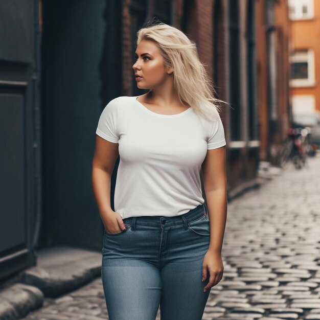 Una donna con una camicia bianca sta camminando lungo una strada di ciottoli.