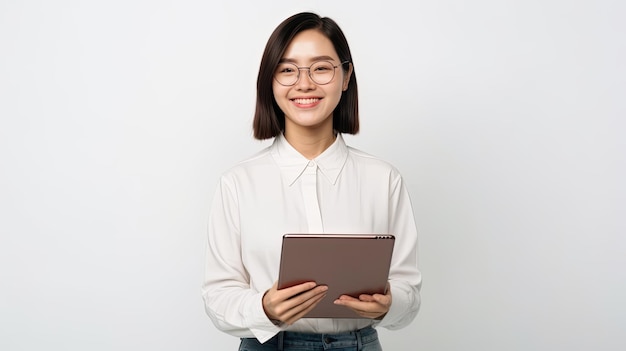 Una donna con una camicia bianca tiene in mano un tablet