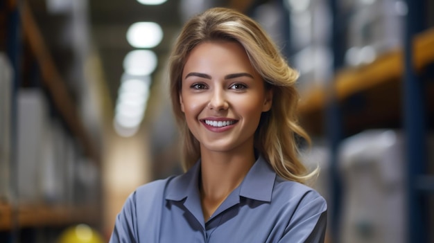 Una donna con una camicia blu è in piedi davanti a un treno.