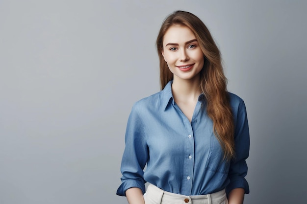 Una donna con una camicia blu e pantaloni bianchi si trova davanti a uno sfondo grigio.