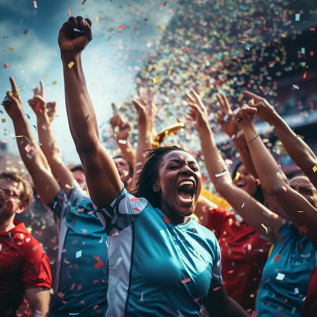 una donna con una camicia blu sta applaudendo con altre persone sullo sfondo.