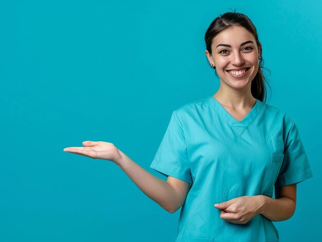 una donna con una camicia blu sta indicando una parete blu