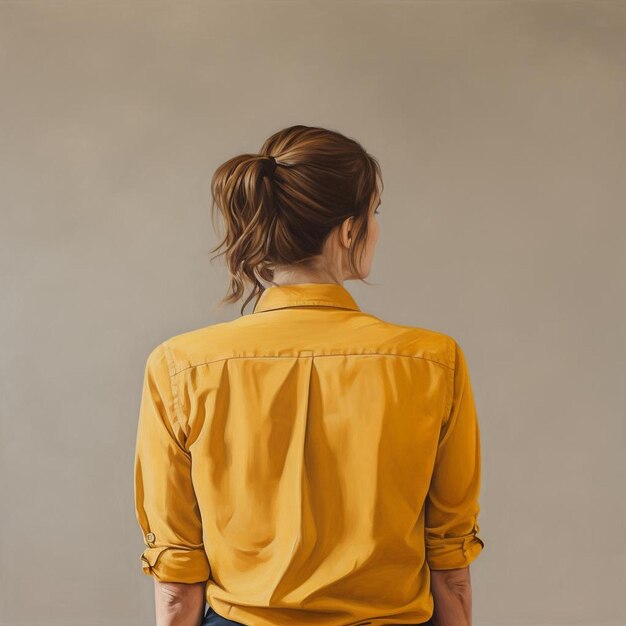 una donna con una camicia gialla è in piedi davanti a un muro