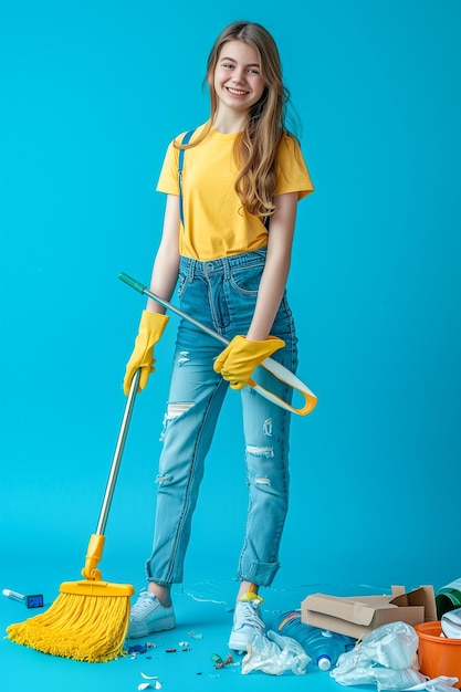 Una donna con una camicia gialla e jeans blu tiene un asciugamano e sorride