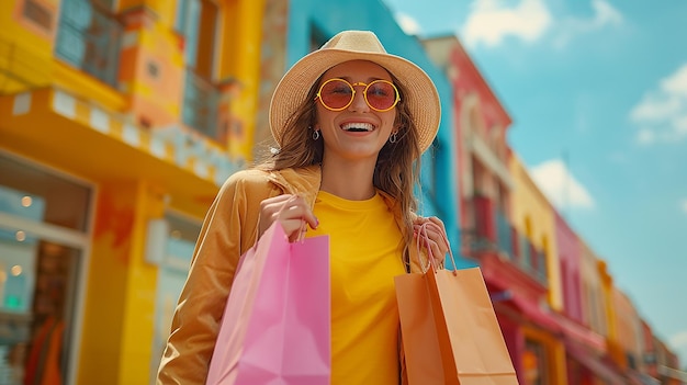 una donna con una camicia gialla sta portando una borsa della spesa e sorride