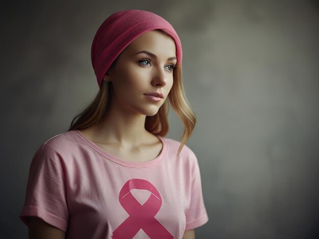 una donna con una camicia rosa con un nastro rosa