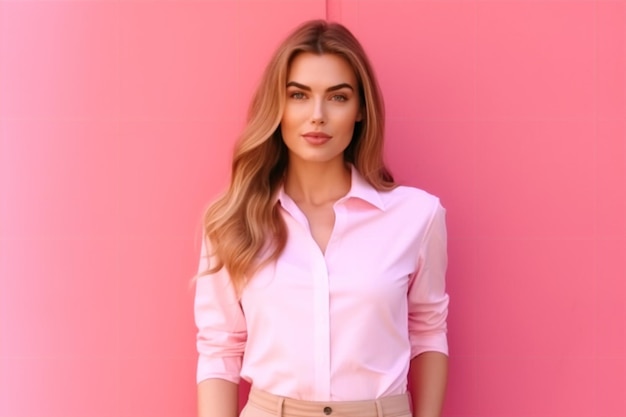 Una donna con una camicia rosa si trova di fronte a un muro rosa.