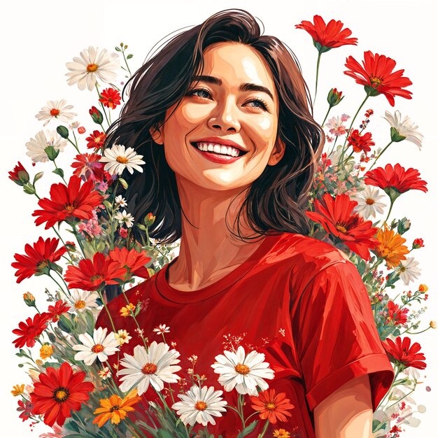 Una donna con una camicia rossa circondata da un arrangiamento floreale in colori rossi e bianchi sorride e alza lo sguardo come se stesse godendo il momento o essendo sollevata dalla bellezza dei fiori