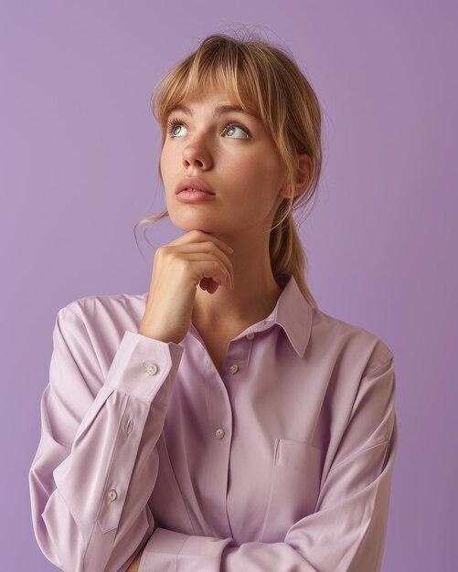 Una donna con una camicia viola che guarda in alto.