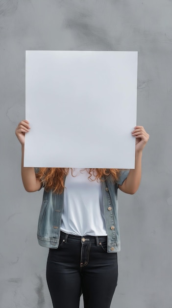 Una donna con una carta bianca in bianco