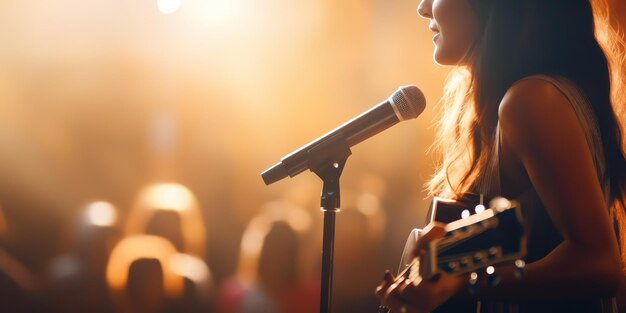 una donna con una chitarra e un microfono