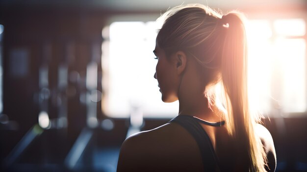 Una donna con una coda di cavallo si trova in una palestra a guardare il sole