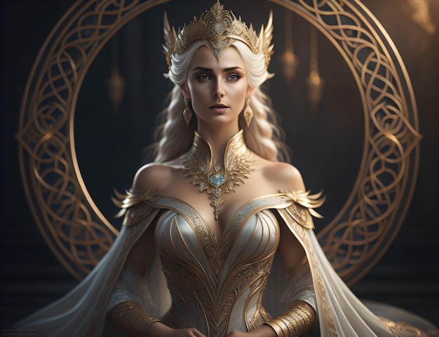 Una donna con una corona d'oro e gioielli d'oro