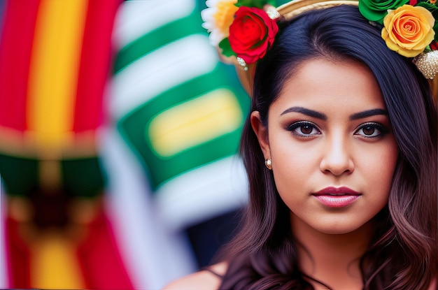 Una donna con una corona di fiori in testa si trova davanti a una bandiera colorata.