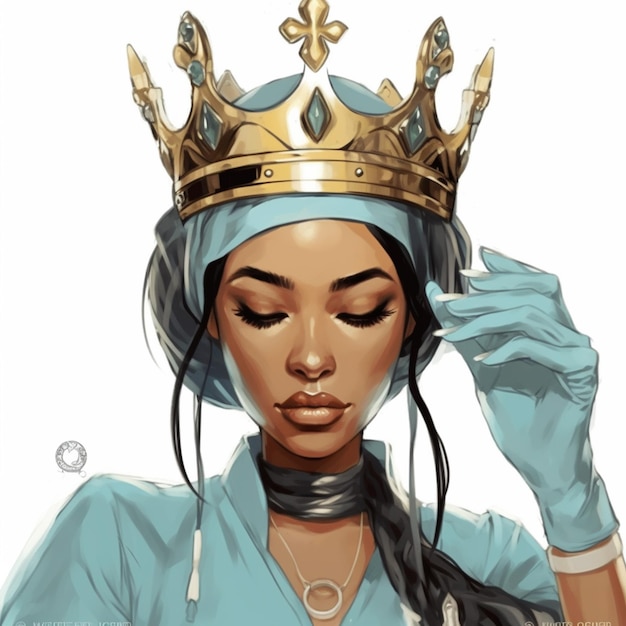 una donna con una corona sulla testa e una camicia blu generativa ai