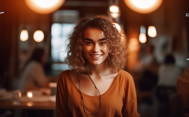 Una donna con una cuffia in mano sorride in un bar.