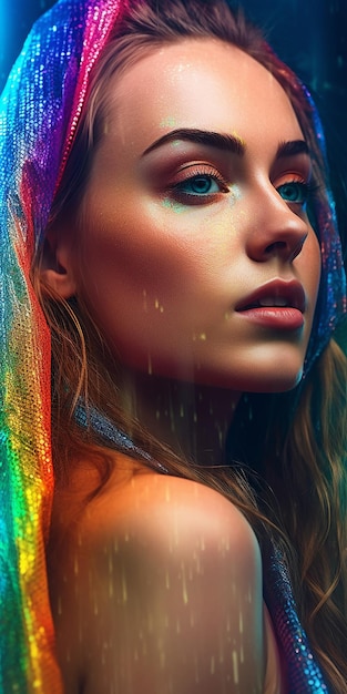 Una donna con una faccia arcobaleno sfondo poster LGBT Pride