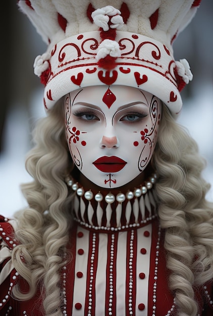 una donna con una faccia bianca e labbra rosse e un cappello rosso e bianco con una faccia rossa e bianca