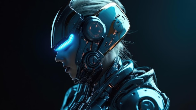 Una donna con una faccia blu e un occhio blu che dice robot.