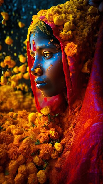 una donna con una faccia blu e una sciarpa rossa con fiori sullo sfondo