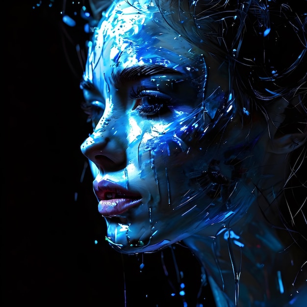 una donna con una faccia blu e uno sfondo blu di bolle
