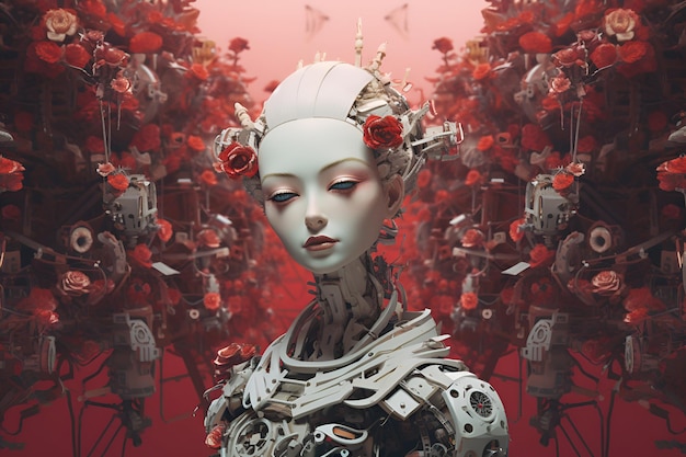 Una donna con una faccia da robot e dei fiori in testa.