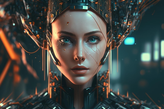 Una donna con una faccia da robot e la parola robot sul fondo Intelligenza artificiale Ai High Tech