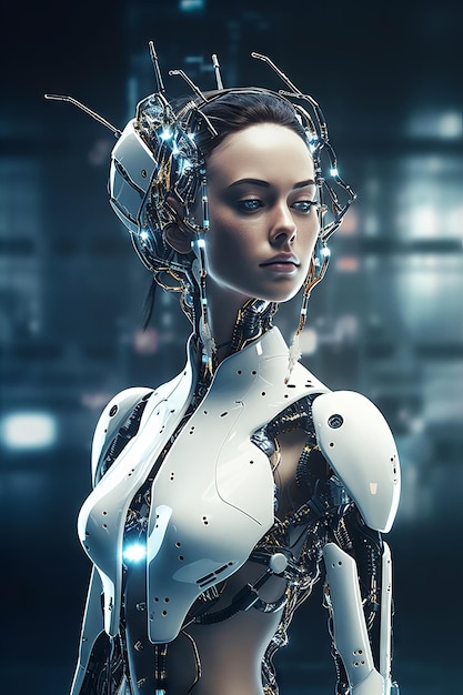 Una donna con una faccia da robot e un look futuristico.