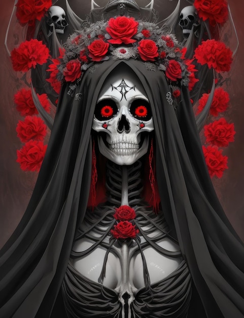 Una donna con una faccia da scheletro e rose rosse in testa.