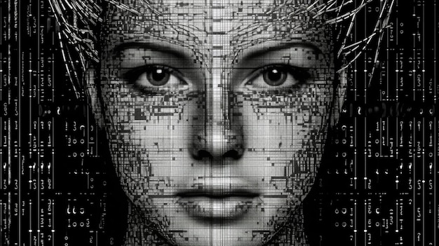 Una donna con una faccia digitale che dice "cyber quote"