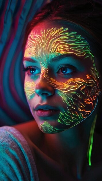 una donna con una faccia dipinta con il sole sul viso