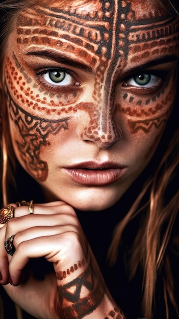 Una donna con una faccia dipinta con un tatuaggio sul viso