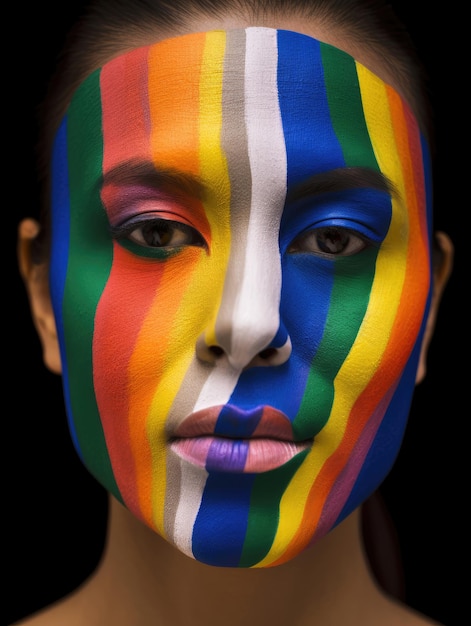 Una donna con una faccia dipinta di arcobaleno generativa ai
