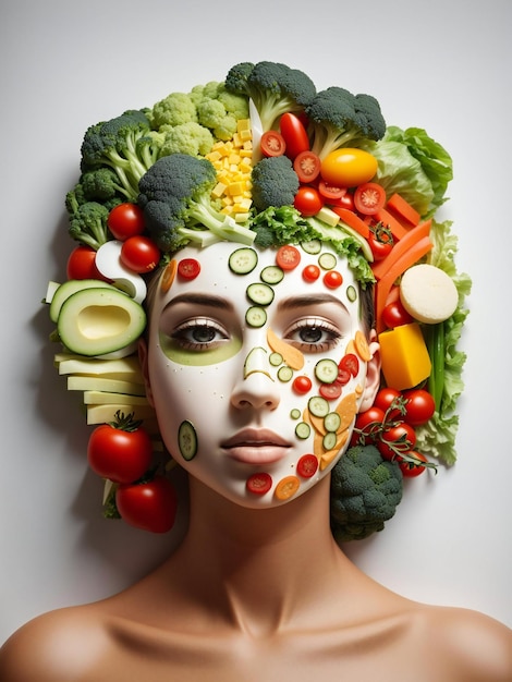 una donna con una faccia fatta di verdure e frutta e verdura