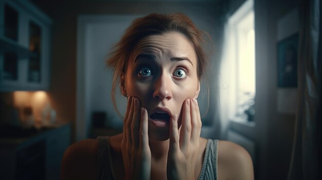 Una donna con una faccia scioccata guarda la telecamera.