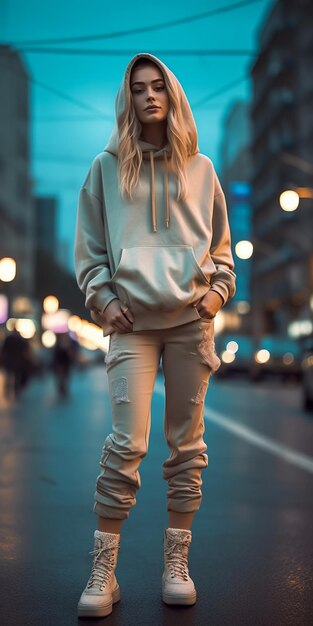 una donna con una felpa con cappuccio