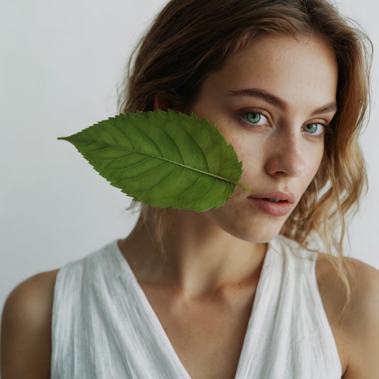 Foto una donna con una foglia che dice " naturale " sulla parte anteriore