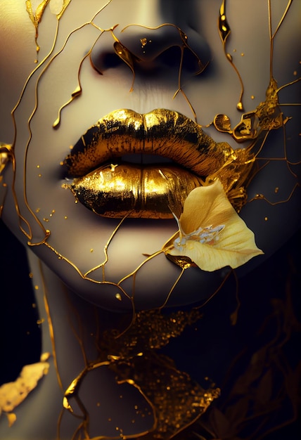 Una donna con una foglia d'oro sulle labbra