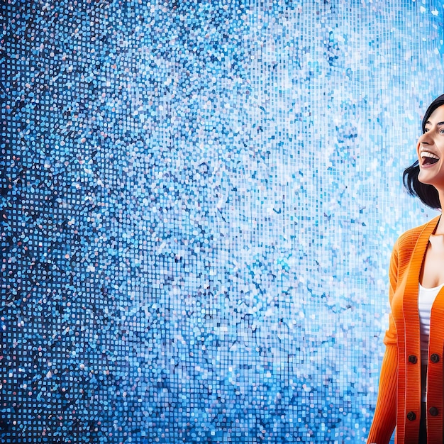 una donna con una giacca arancione si trova di fronte a un muro blu con bolle blu Modelli di texture blu
