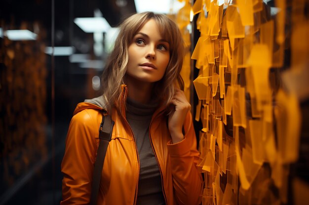 Una donna con una giacca arancione