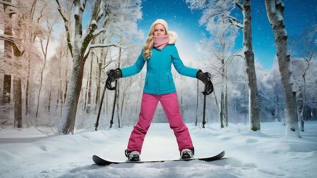 Una donna con una giacca da sci blu e pantaloni rosa si trova su uno snowboard da qualche parte nella foresta invernale