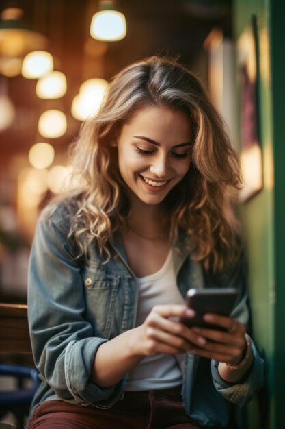 una donna con una giacca di jeans manda messaggi al telefono e sorride